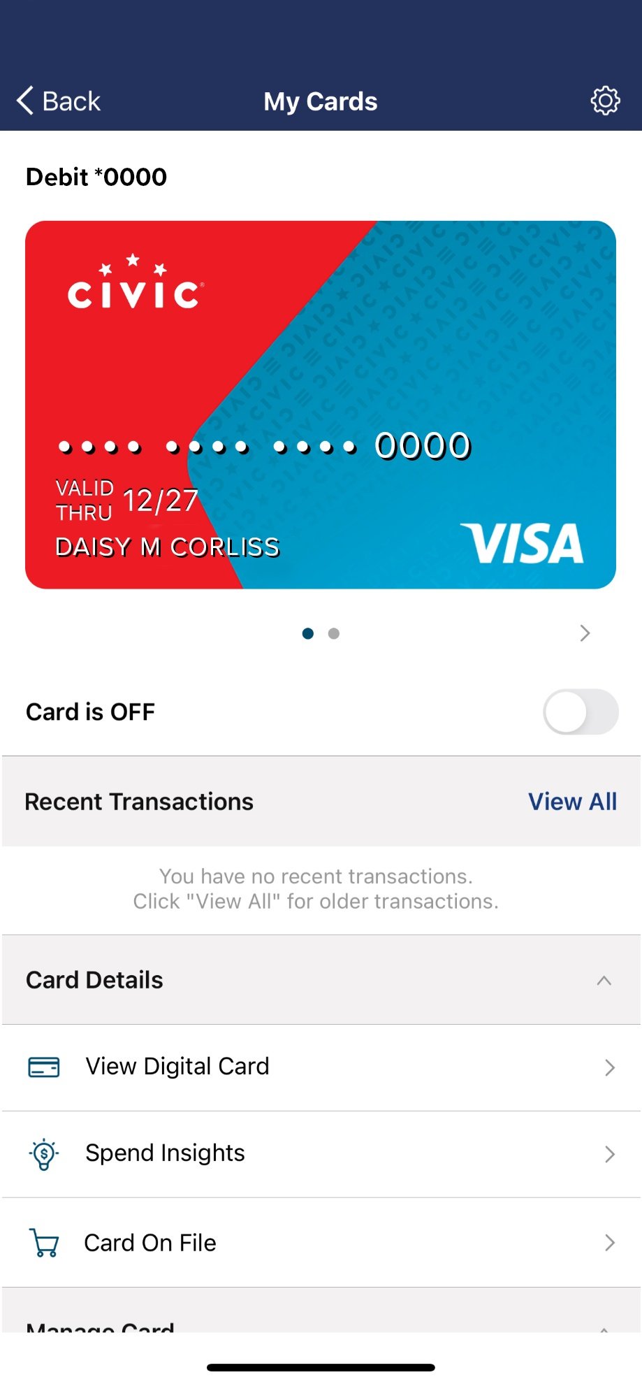 Civic app screen that shows the card is locked.