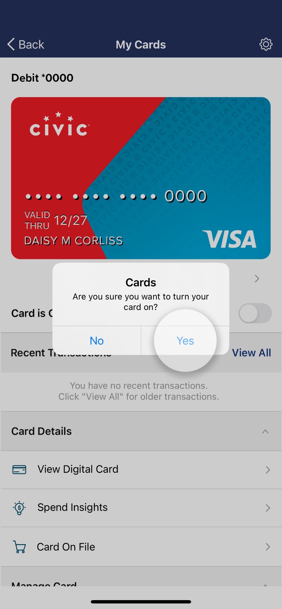 Civic app screen that confirms the option to unlock card.