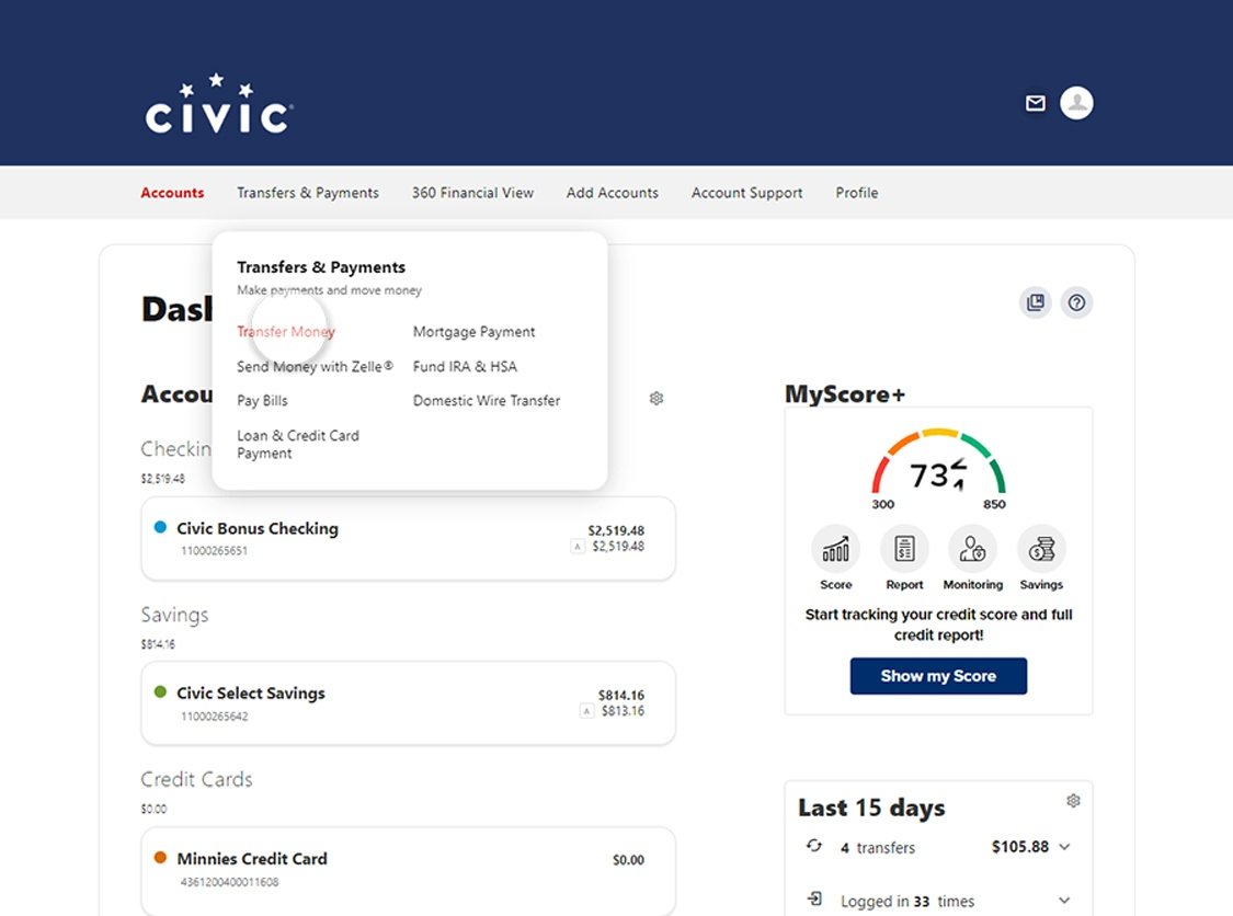 Civic app screen that highlights the selection of transfer money.