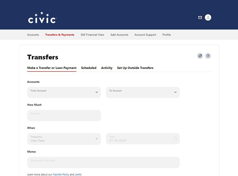 Civic online banking screen that displays transfer options.