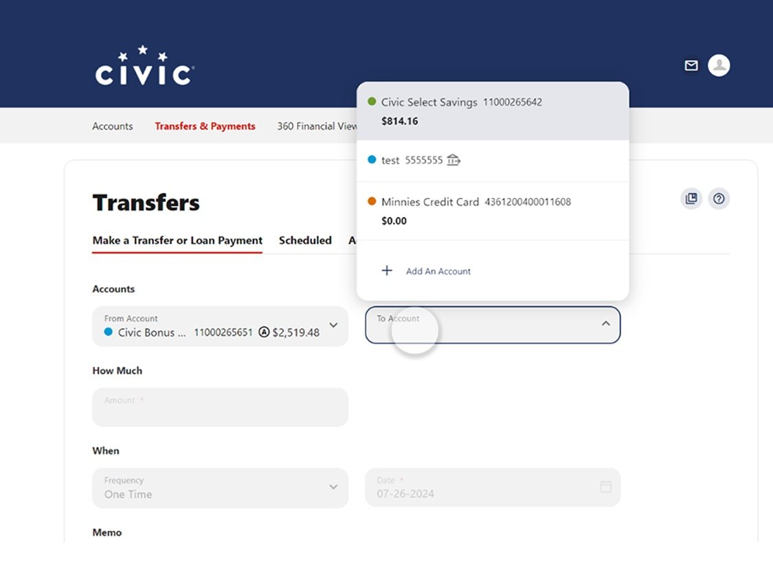 Civic online banking screen that highlights the selection of an account.