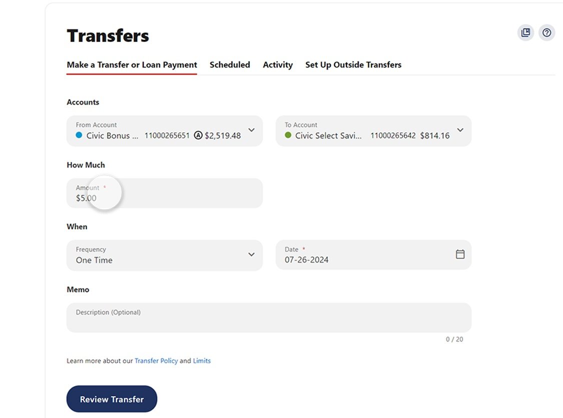 Civic online banking screen that highlights the selection of transfer amount.