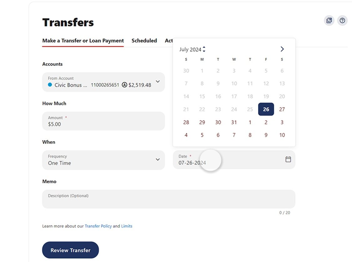 Civic online banking screen that highlights the date of the transfer.