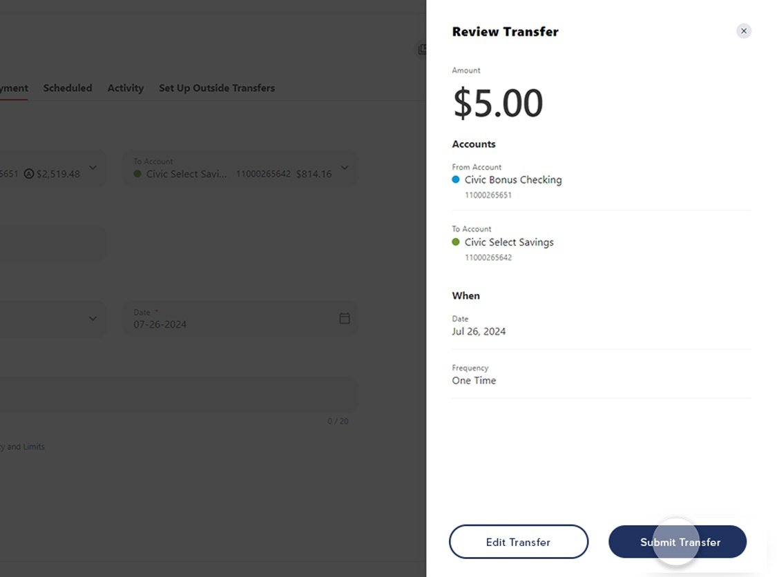 Civic online banking screen that highlights the selection of the submit button.