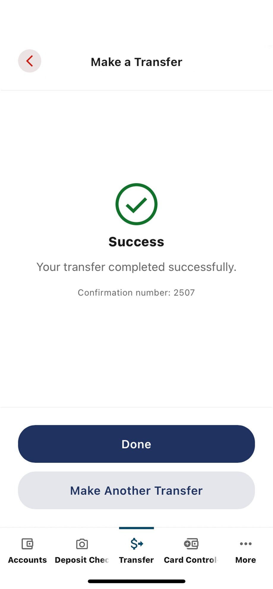 Civic app screen that confirms a successful transfer.