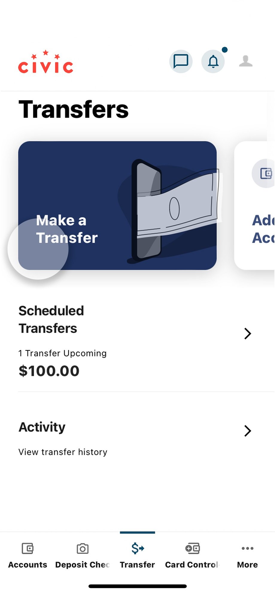 Civic app screen that highlights the selection of make a transfer.