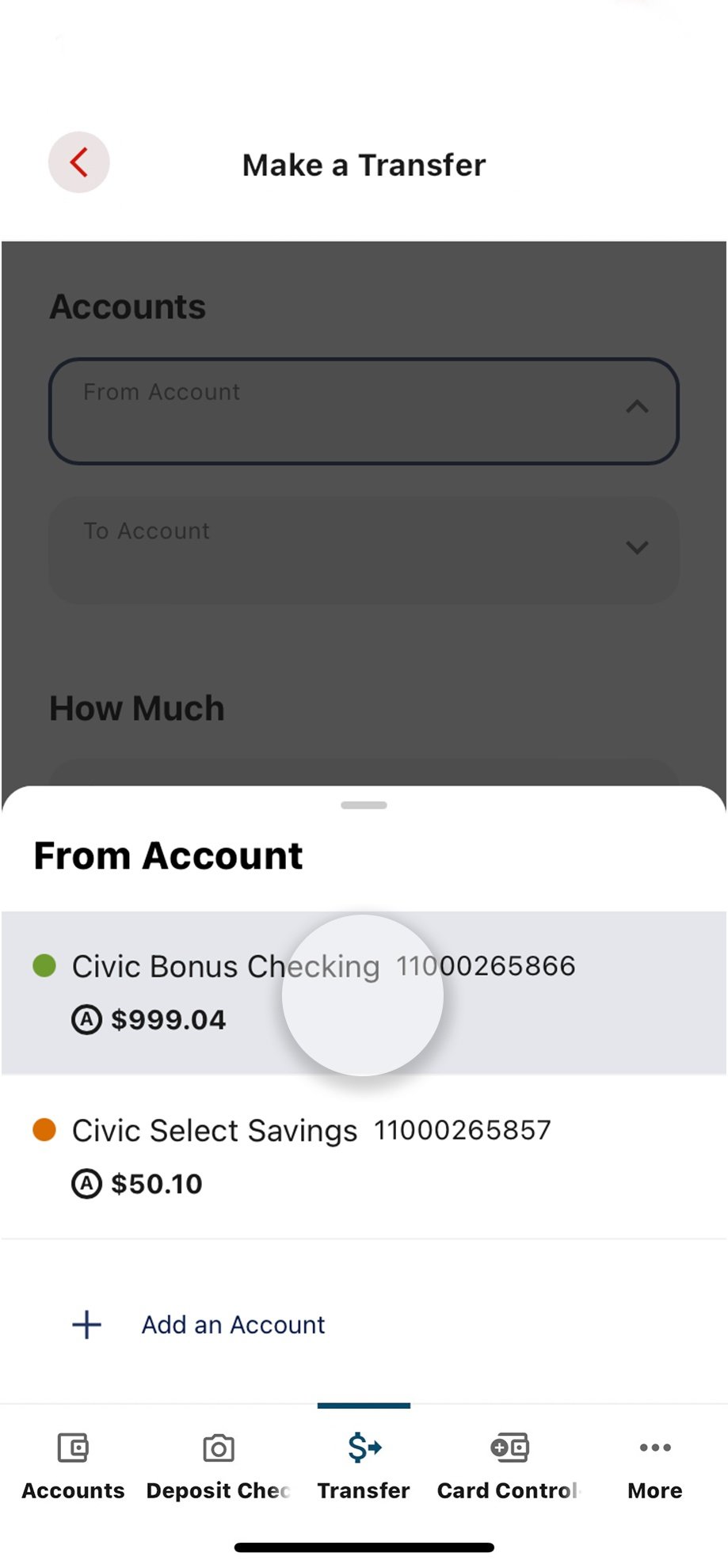 Civic app screen that highlights the selection of an account.