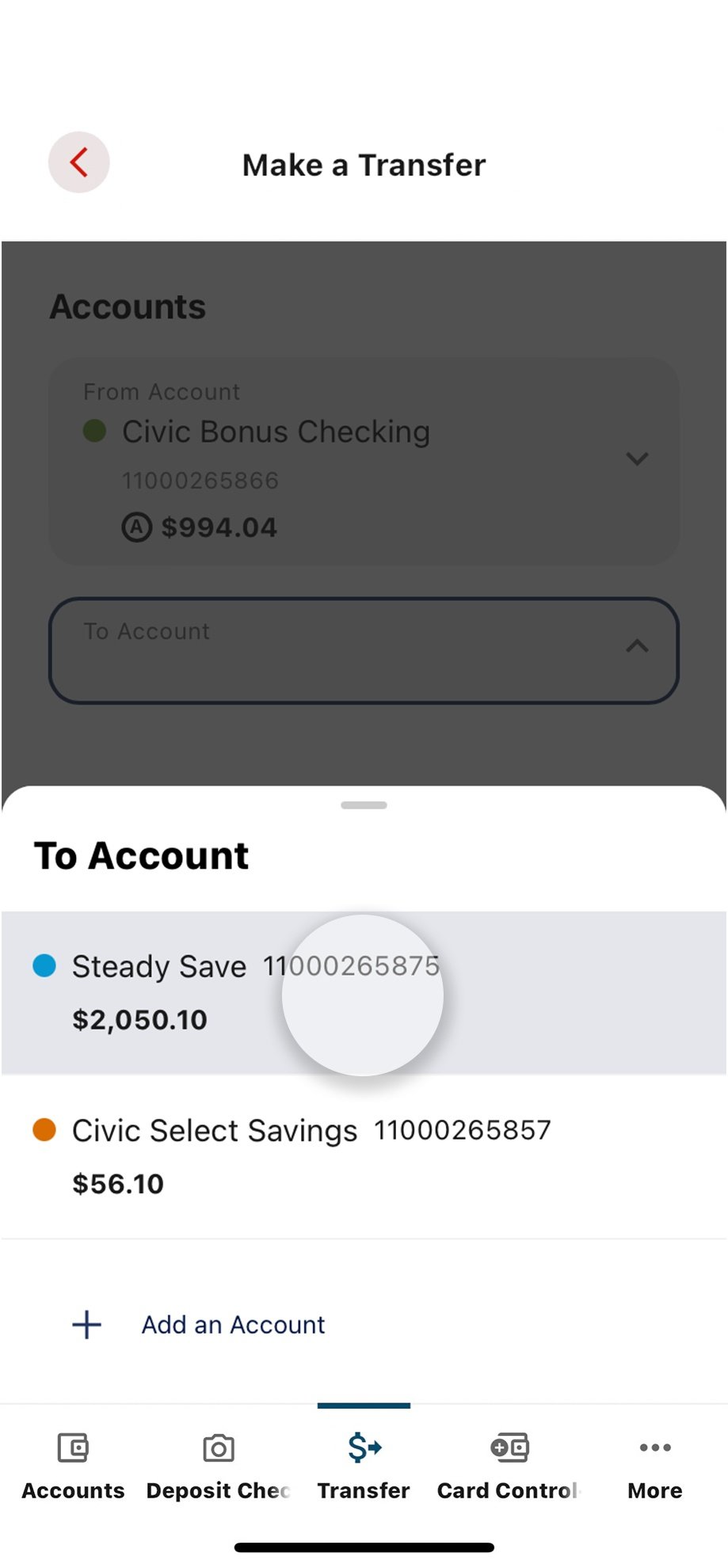 Civic app screen that highlights the selection of an account.