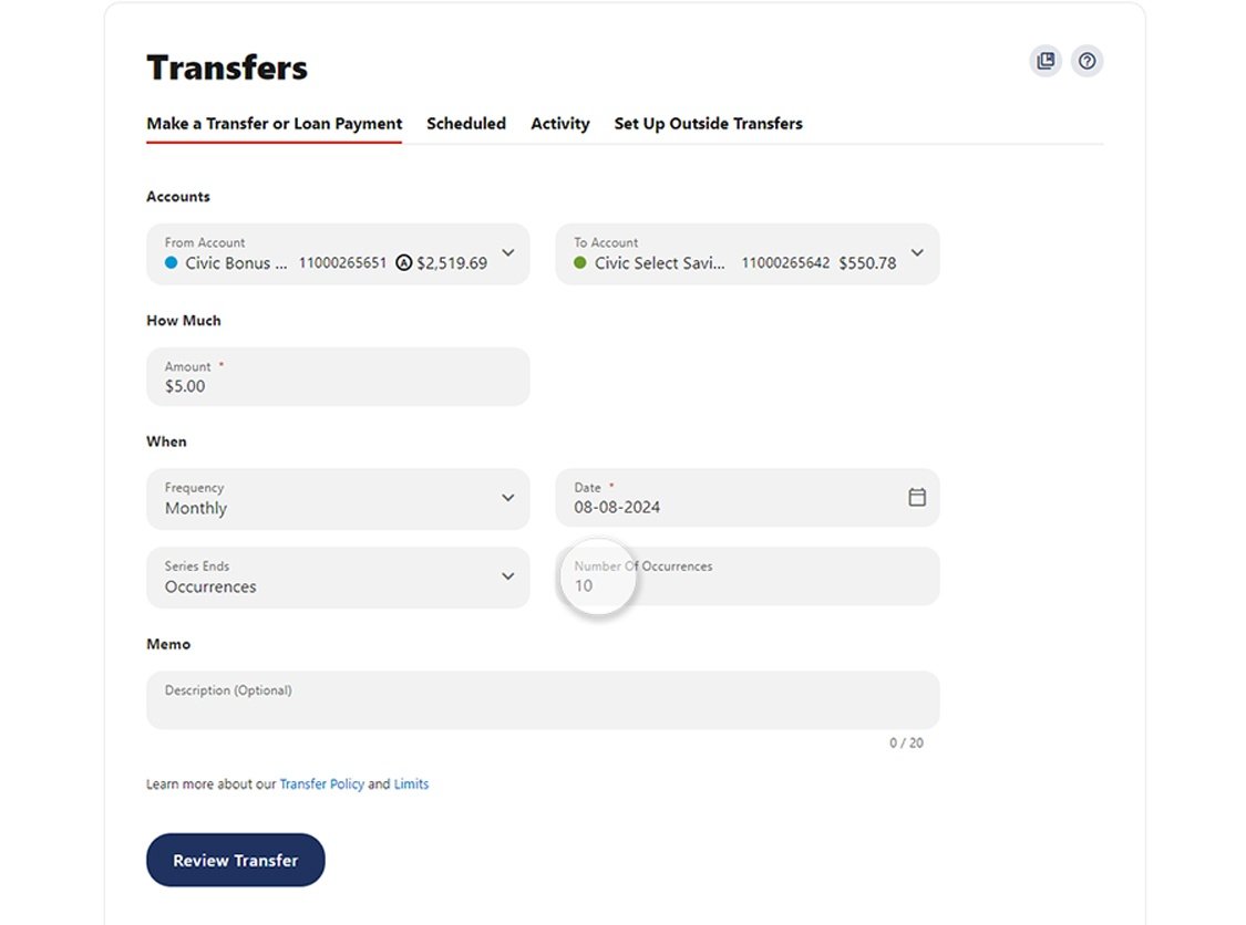 Civic online banking screen that displays the occurrence field.