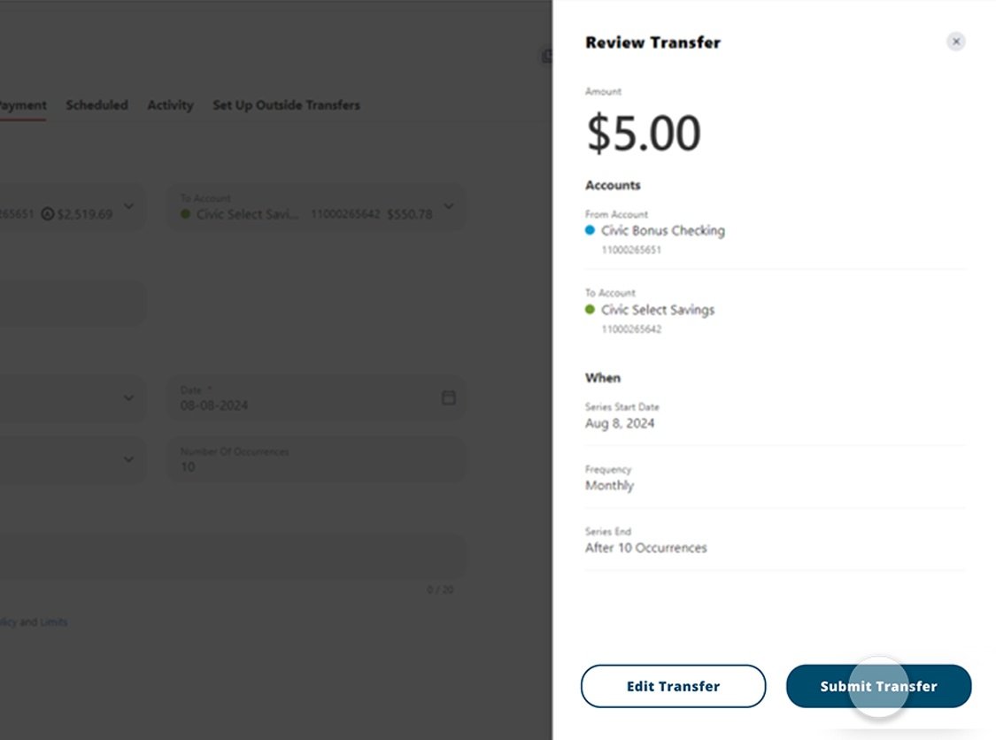 Civic online banking screen that highlights the selection submit transfer button.