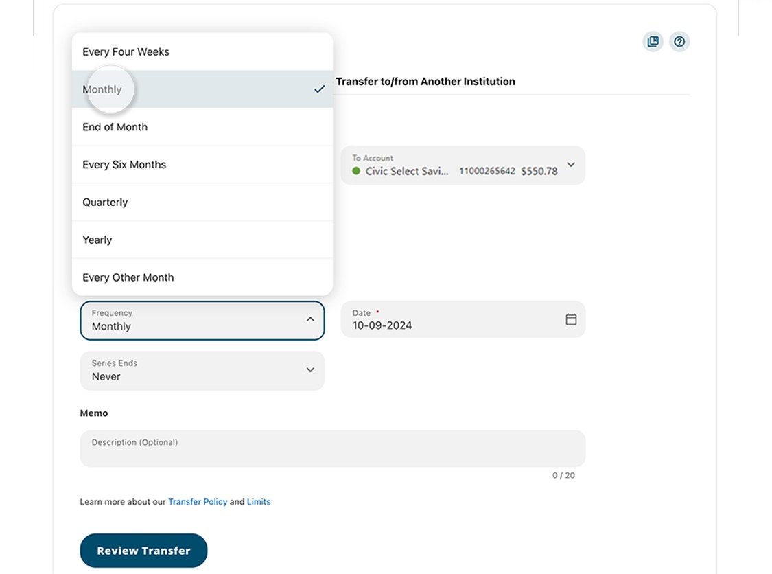 Civic online banking screen that list frequency options.