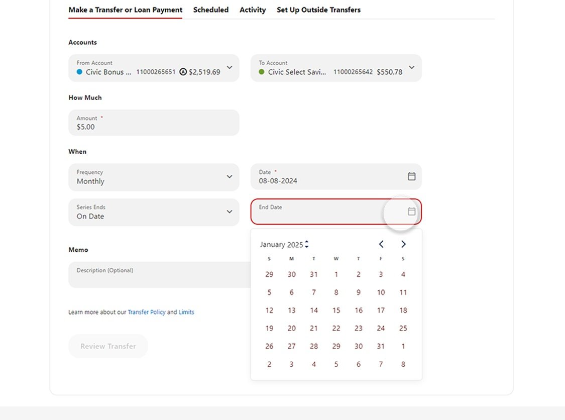Civic online banking screen that highlights the selection of an end date.