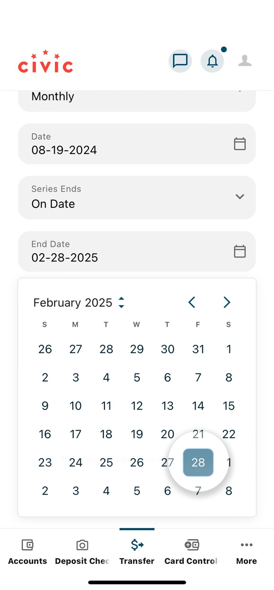 Civic app screen that highlights the selection of end date.