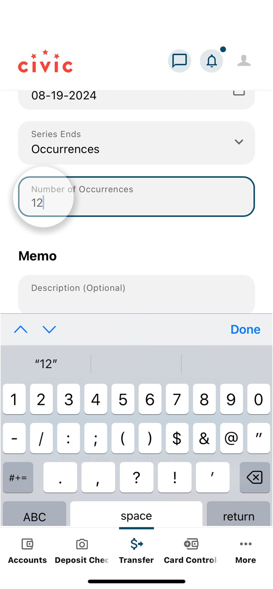 Civic app screen that shows the field to input number of occurrences. 