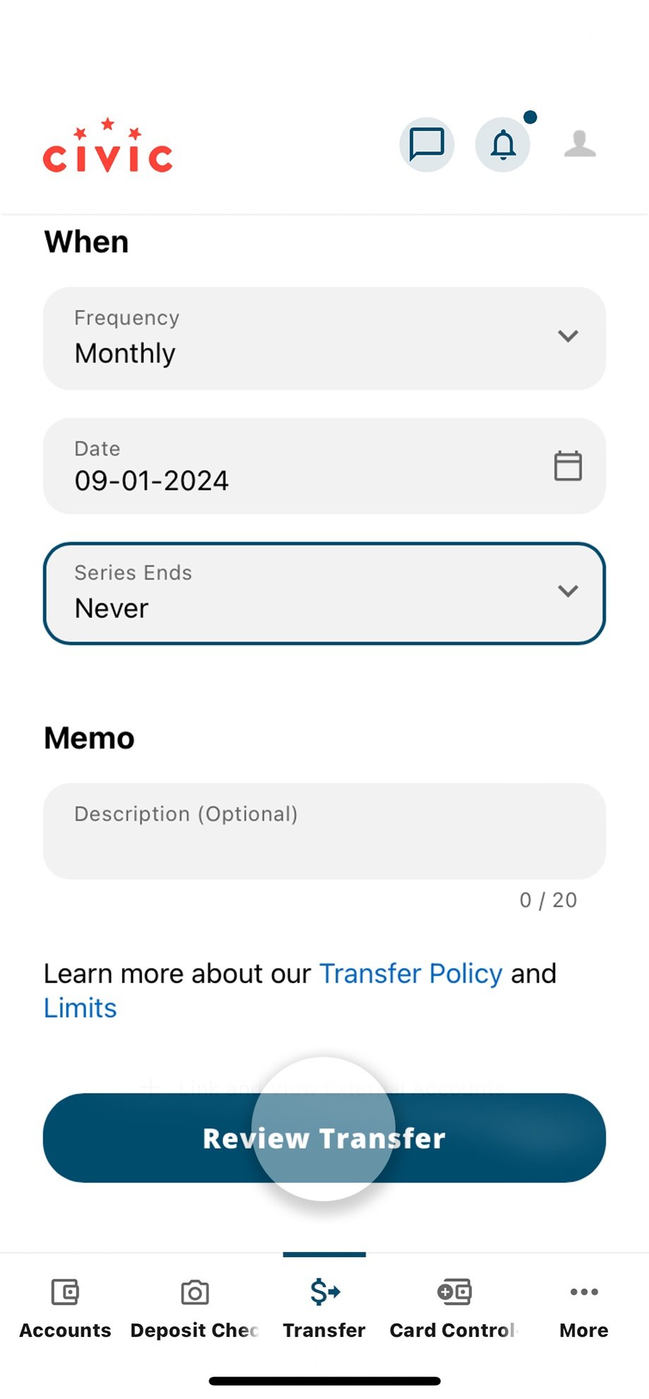 Civic app screen that highlights the selection of review transfer.