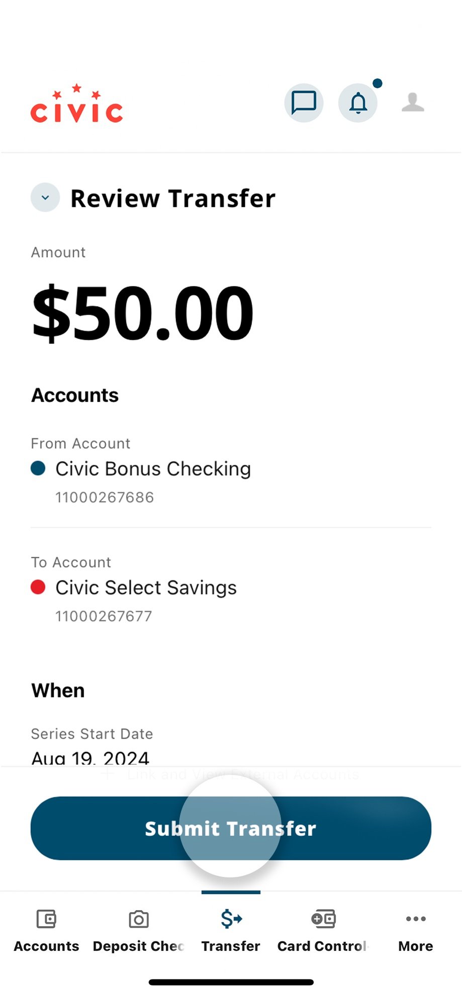 Civic app screen that highlights the selection of submit transfer.