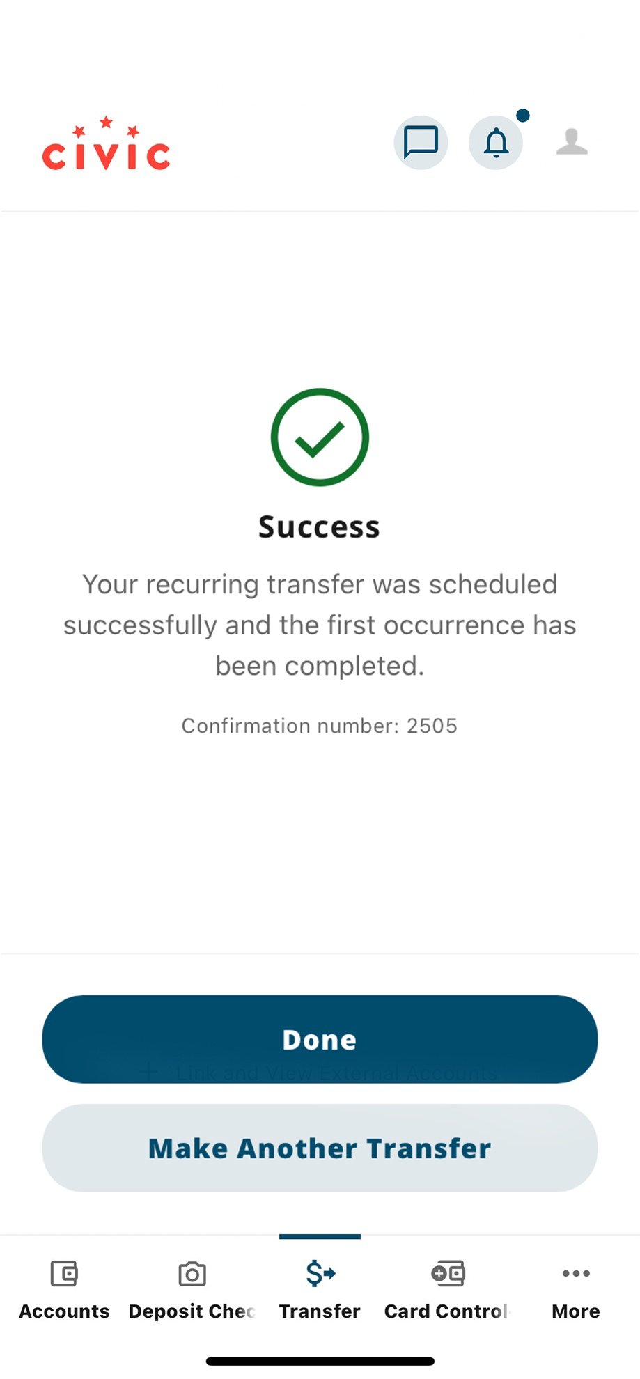 Civic app screen that confirms a successful transfer.