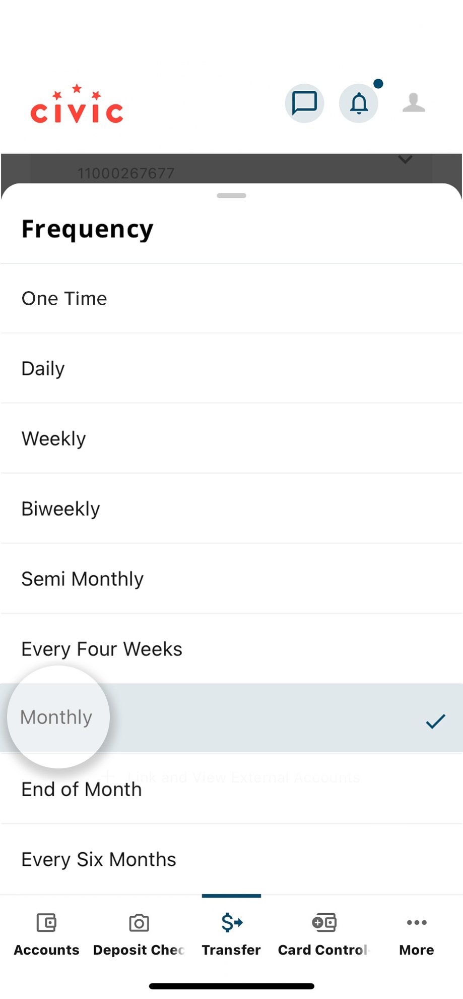 Civic app screen that highlights the selection of monthly.