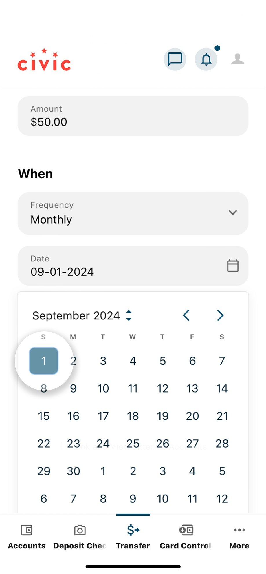 Civic app screen that highlights the selection of a start date.