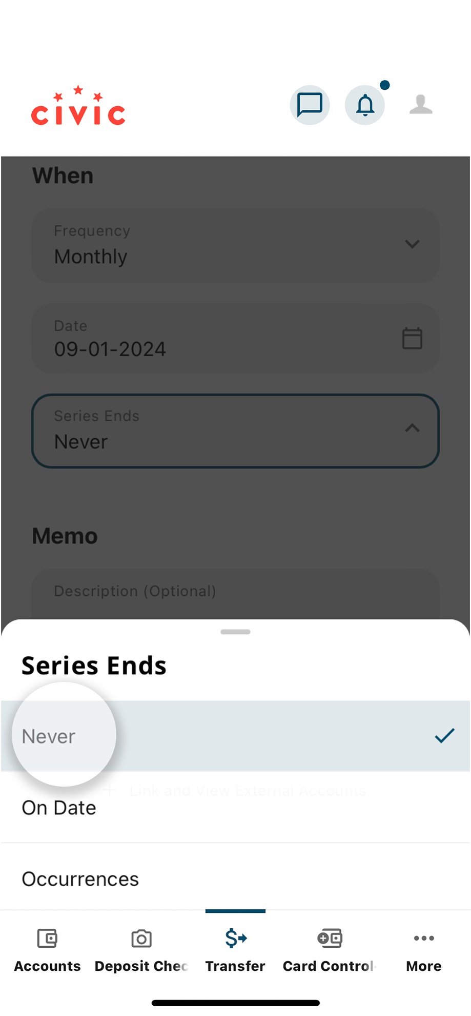 Civic app screen that list the transfer series end options.