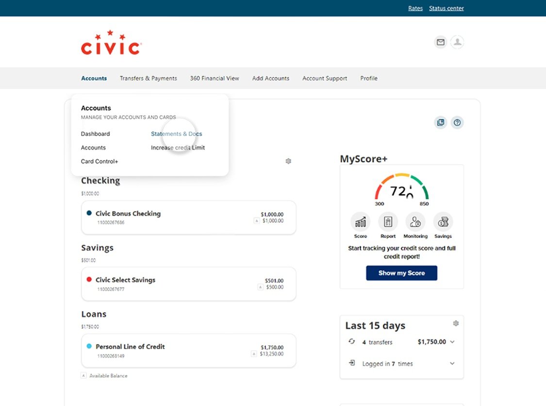 Civic online banking screen that highlights the selection of statements and docs..