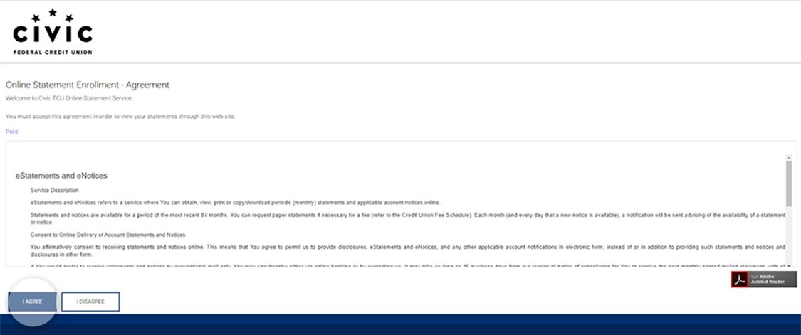 Civic online banking screen that highlights the selection of the agree button.