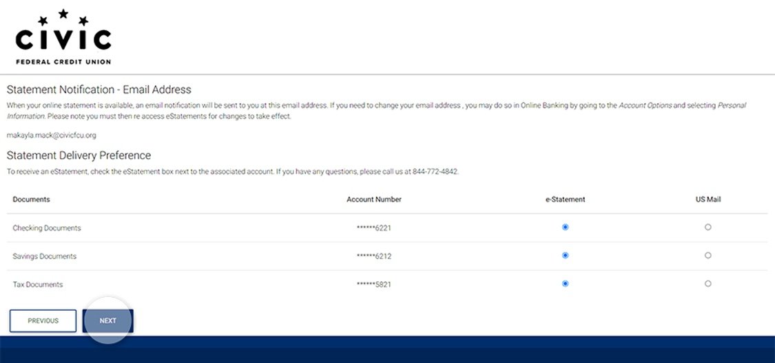 Civic online banking screen that list accounts available for estatements..