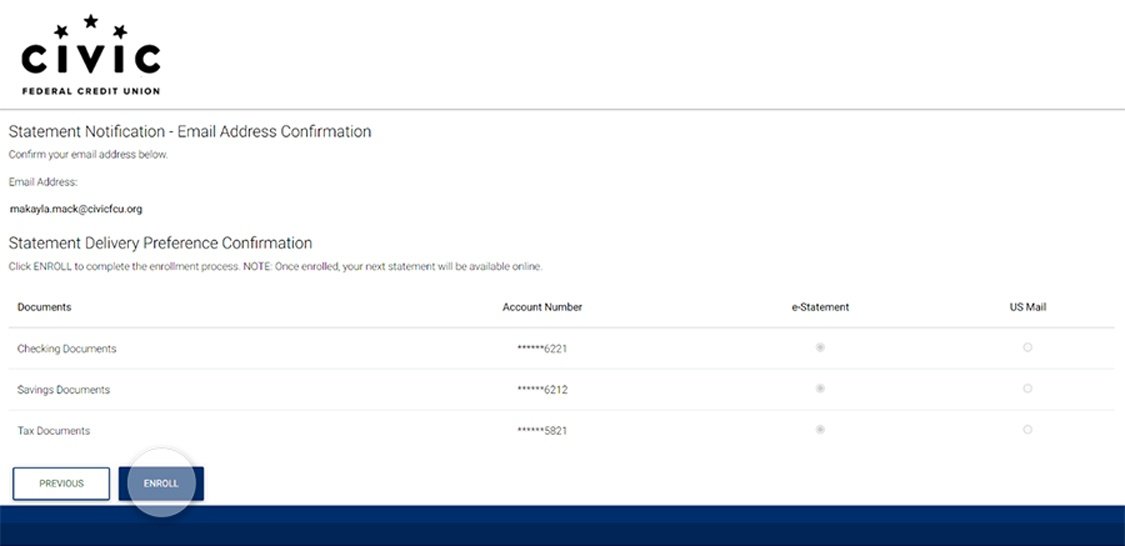 Civic online banking screen that highlights the selection of enroll.