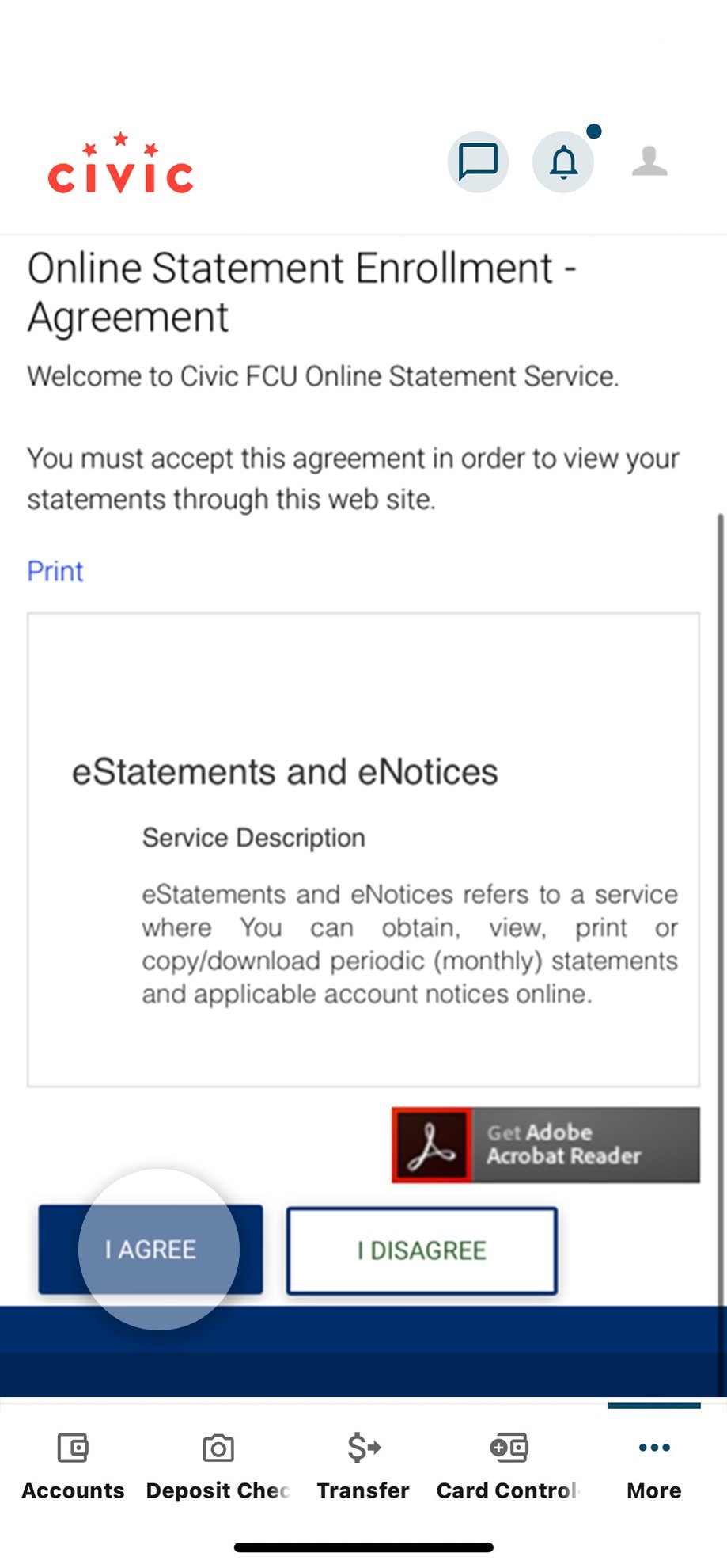 Civic app screen that highlights the selection of I agree.