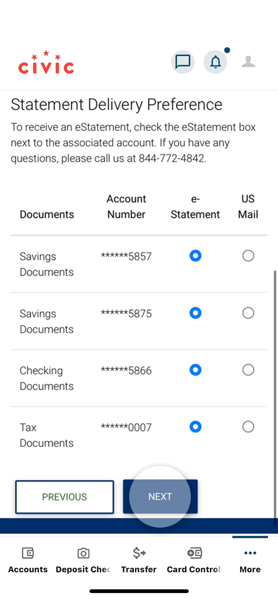 Civic app screen that shows the statement delivery options.