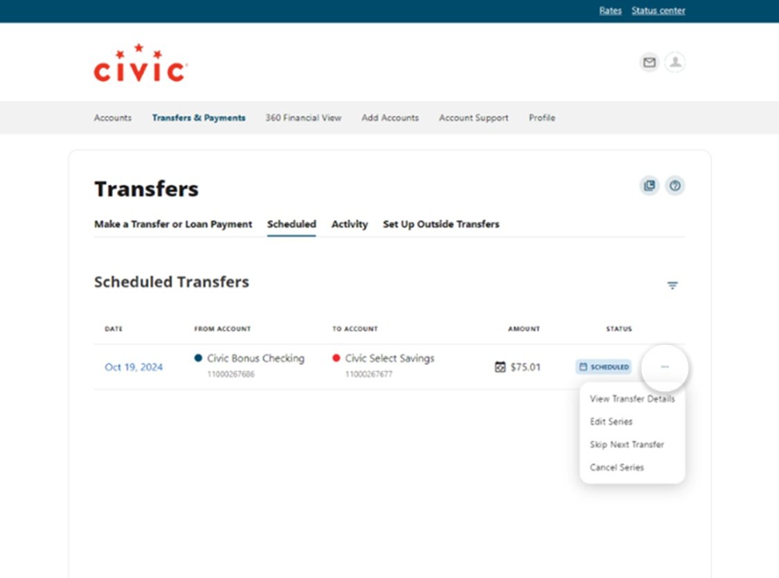 Civic online banking screen that highlights the selection of three dots.