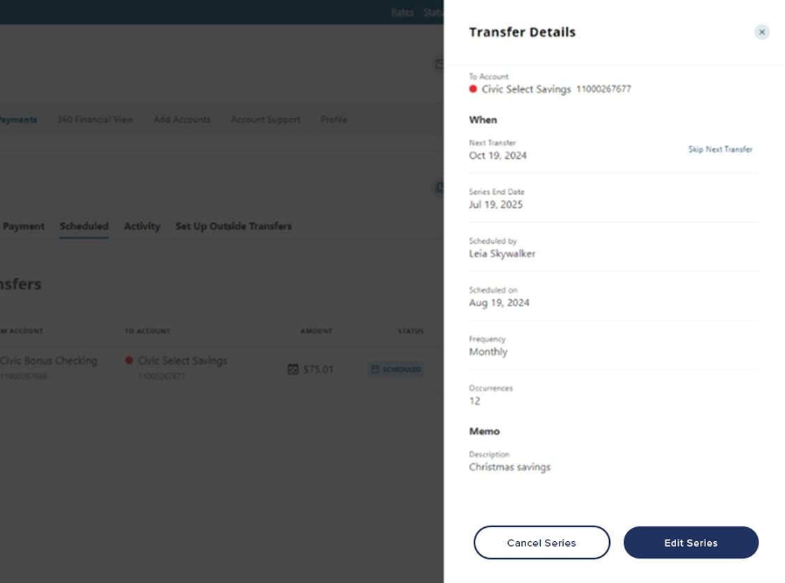 Civic online banking screen that displays the transfer details.