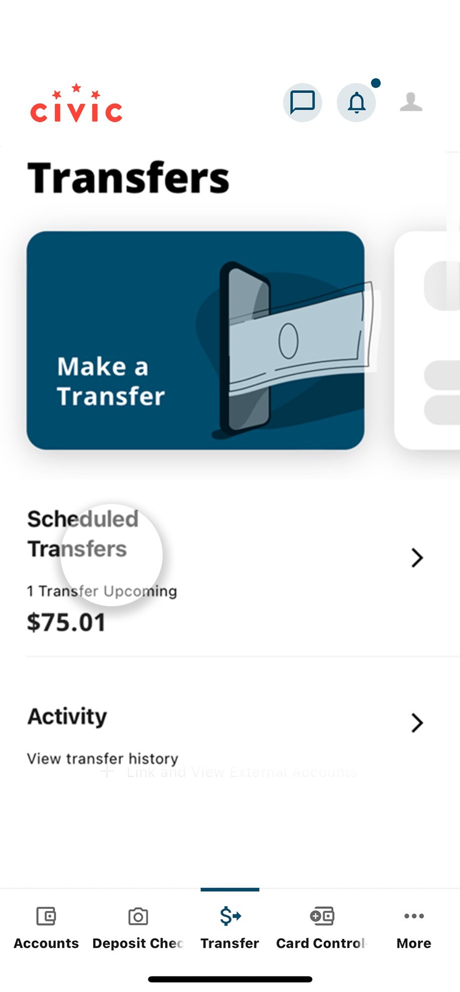 Civic app screen that highlights the selection of scheduled transfers.