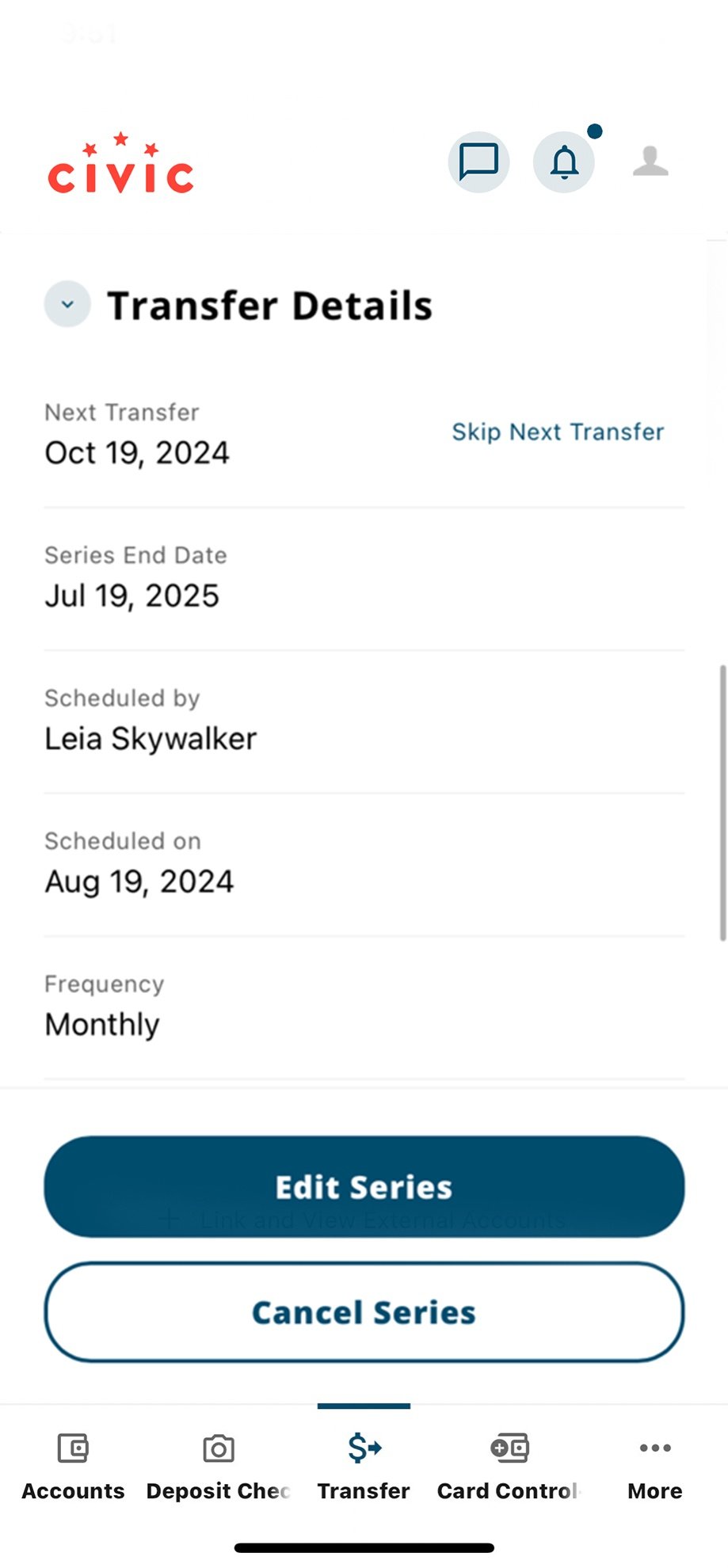 Civic app screen that shows the details of a transfer.