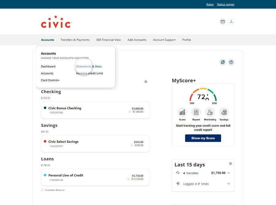 Civic online banking screen that highlights the selection of account in the menu.