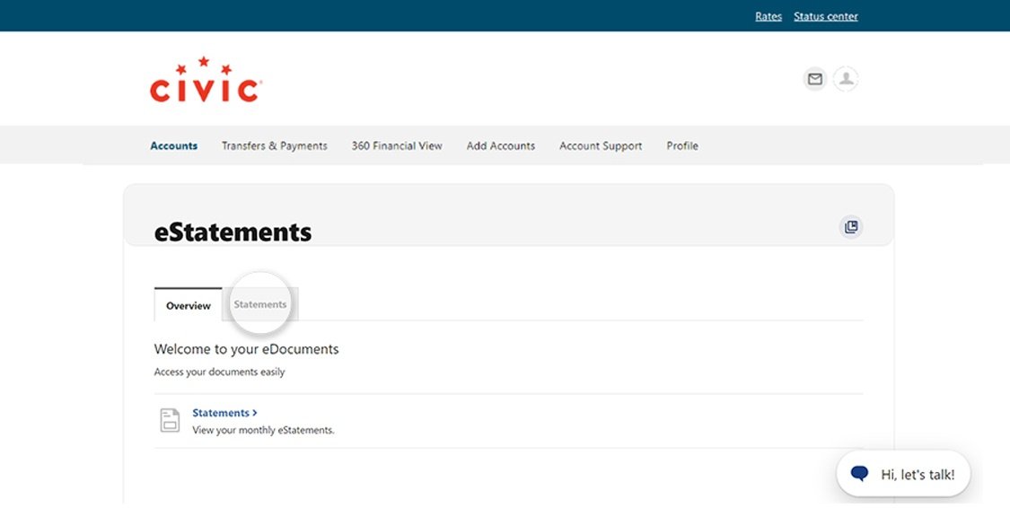 Civic online banking screen that highlights the selection of statements.