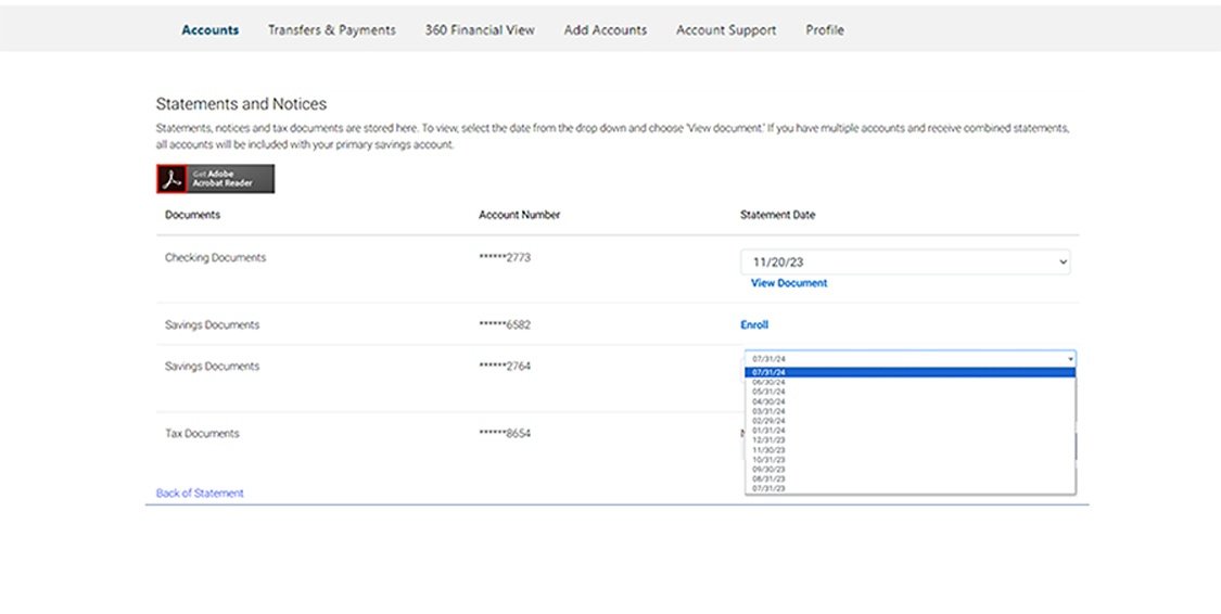 Civic online banking screen that shows statement dates.