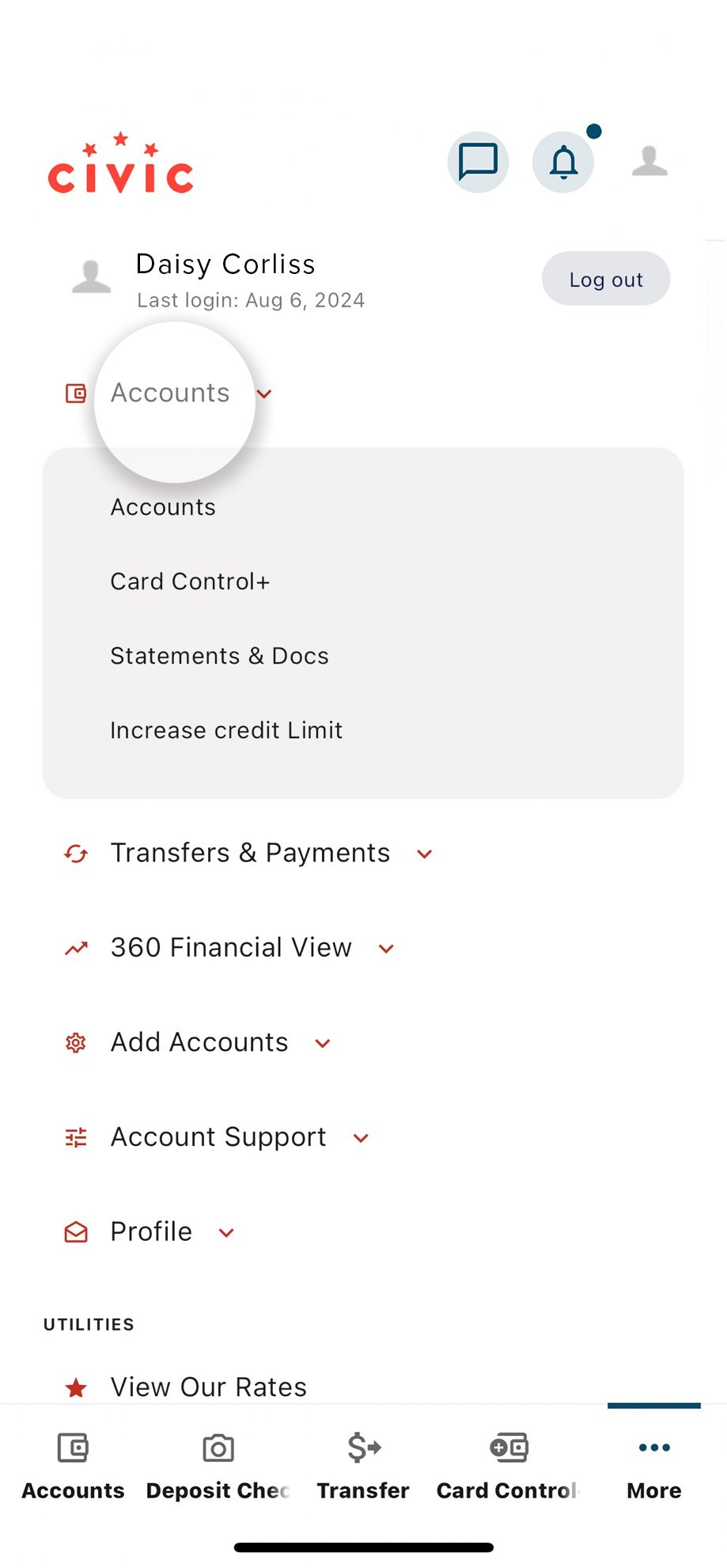 Civic app screen that highlights the selection of 'account' in the menu..