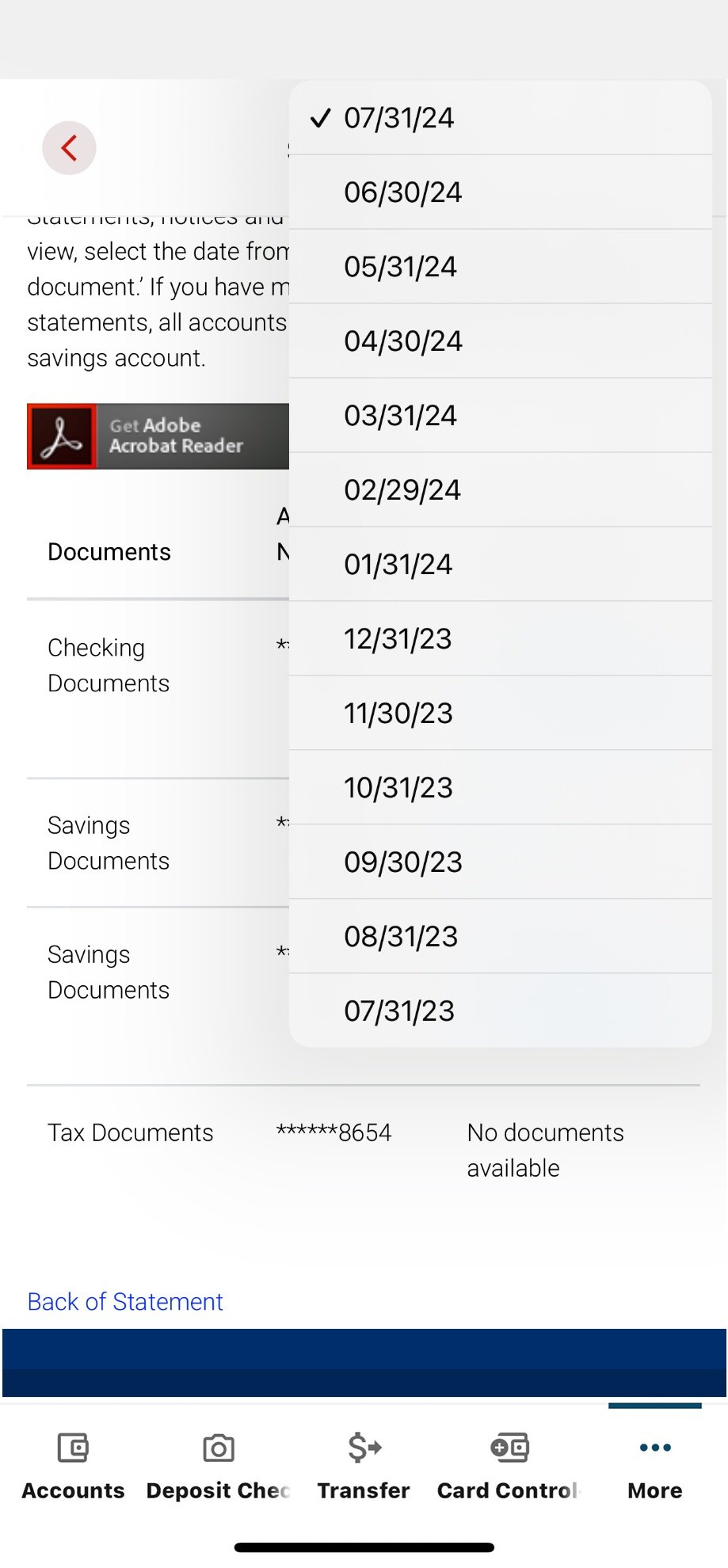 Civic app screen that list the available statement dates.