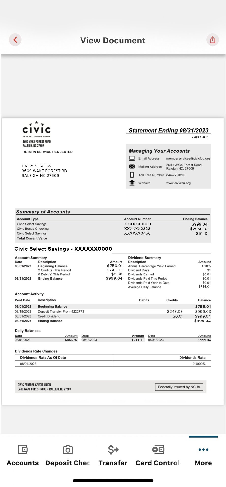 Civic app screen that shows the details of transactions in a statement.