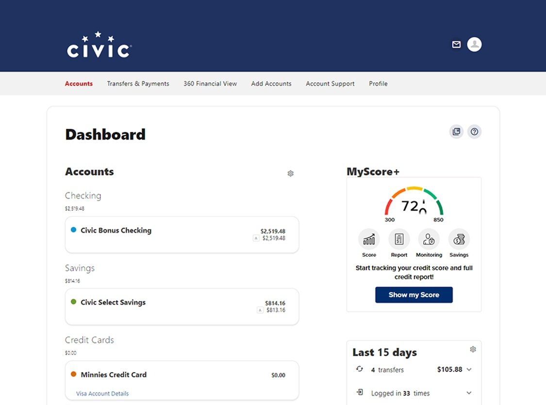 Civic online banking screen that list the accounts and balances.