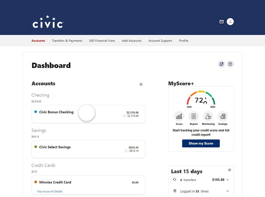 Civic online banking screen that highlights the selection of an account.