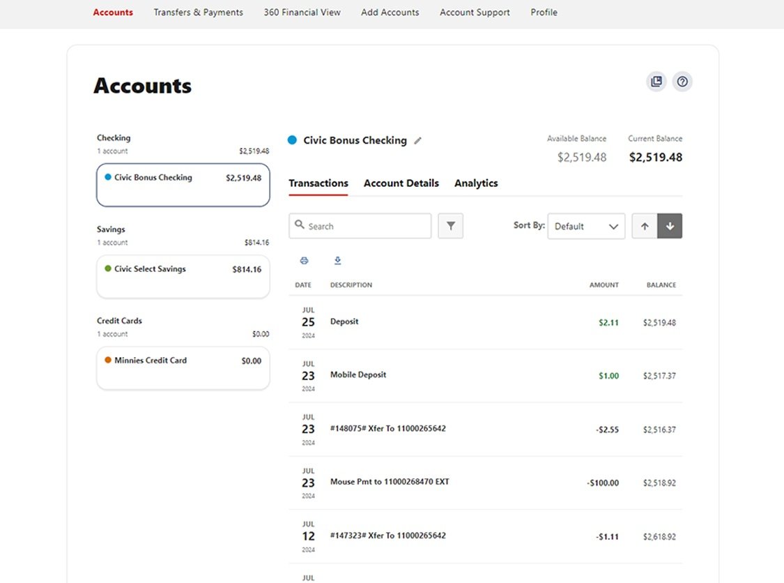 Civic online banking screen that shows the account's most recent transactions.