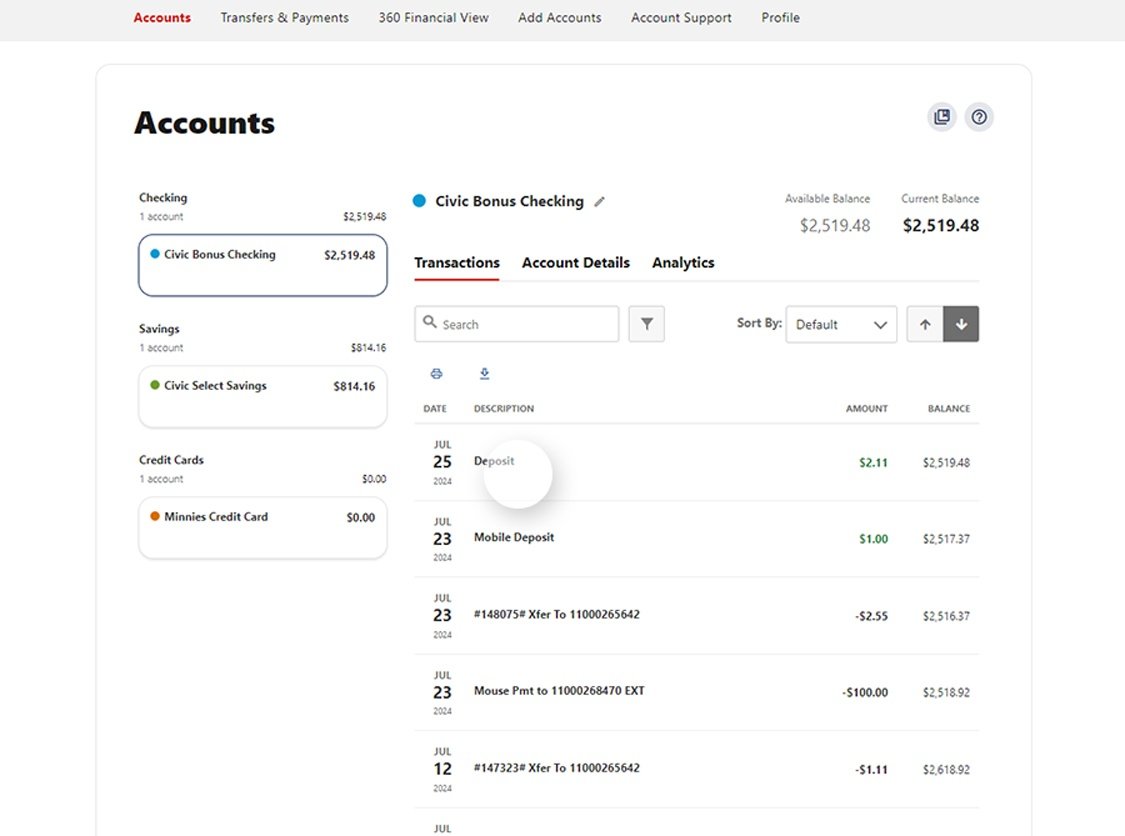 Civic online banking screen that highlights selecting a transaction.