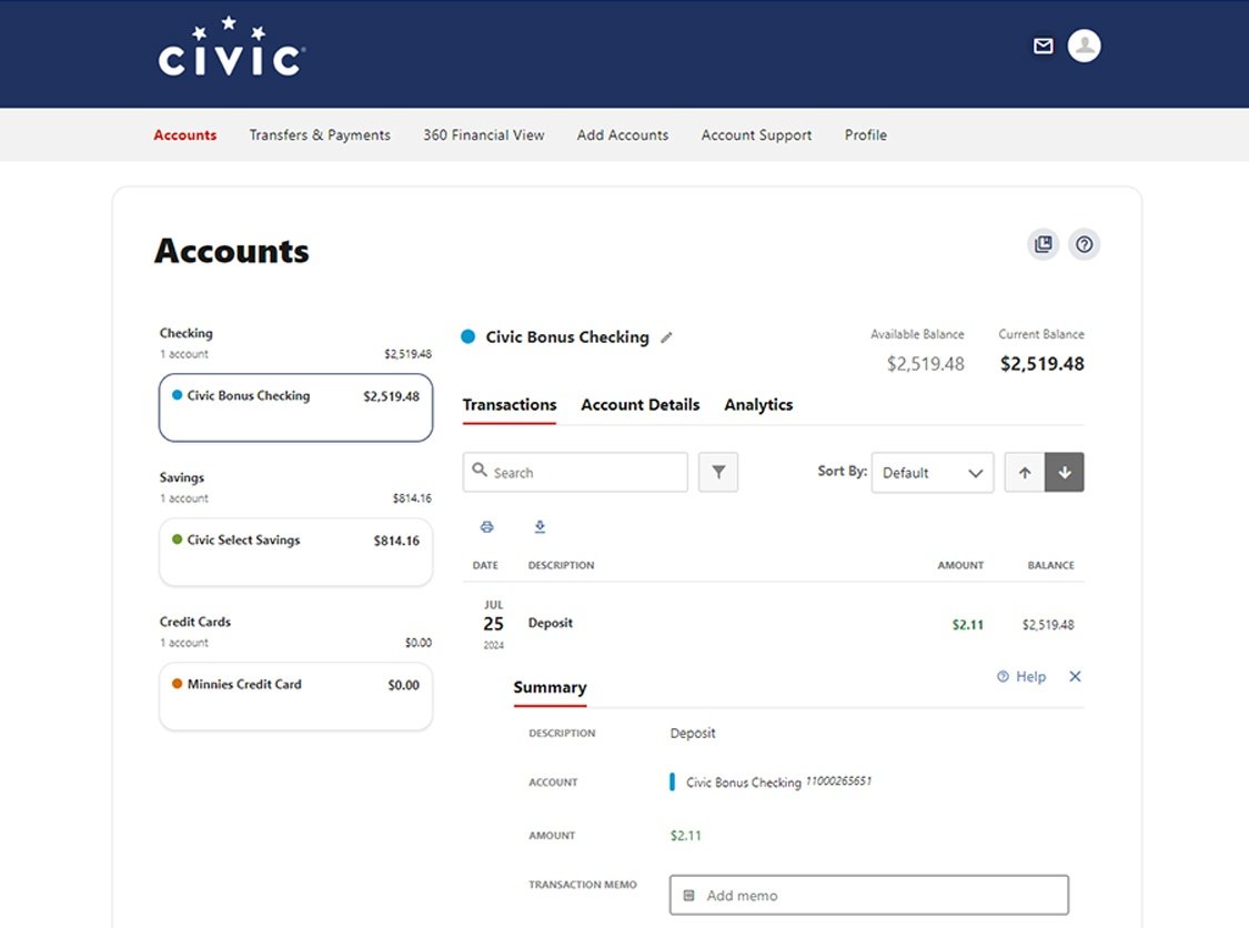 Civic online banking screen that shows the details of a transaction.