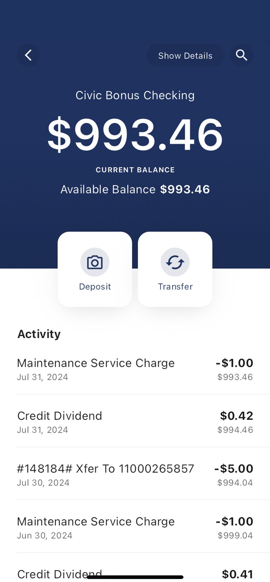 Civic app screen that displays the most recent transactions of the selected account.