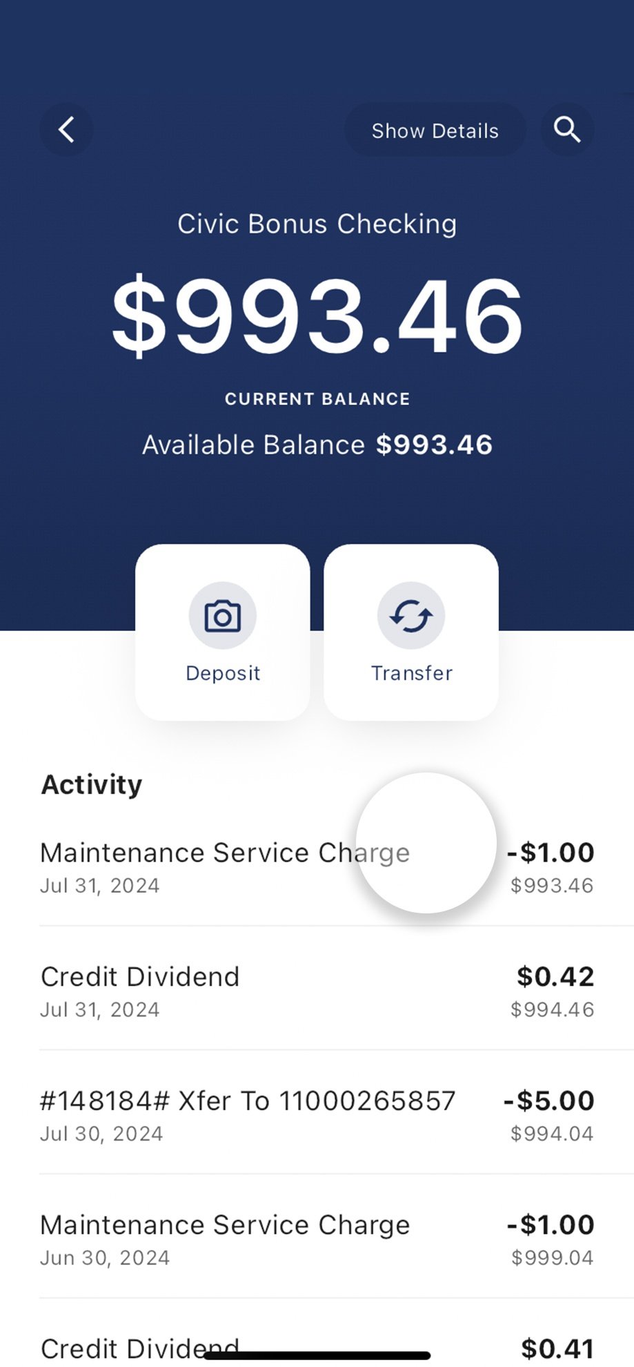 Civic app screen that highlights selecting a transaction.