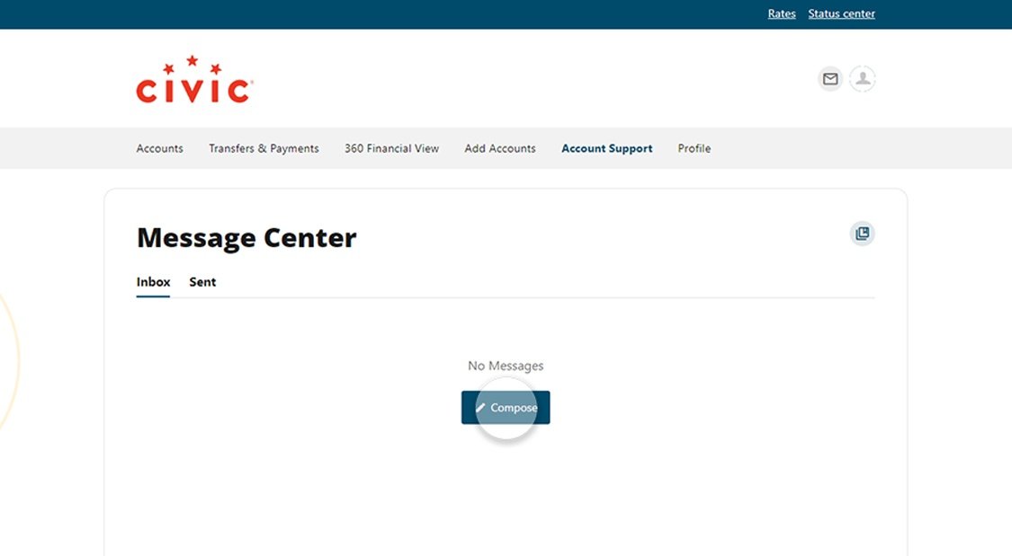 Civic online banking screen that highlights the selection of compose.