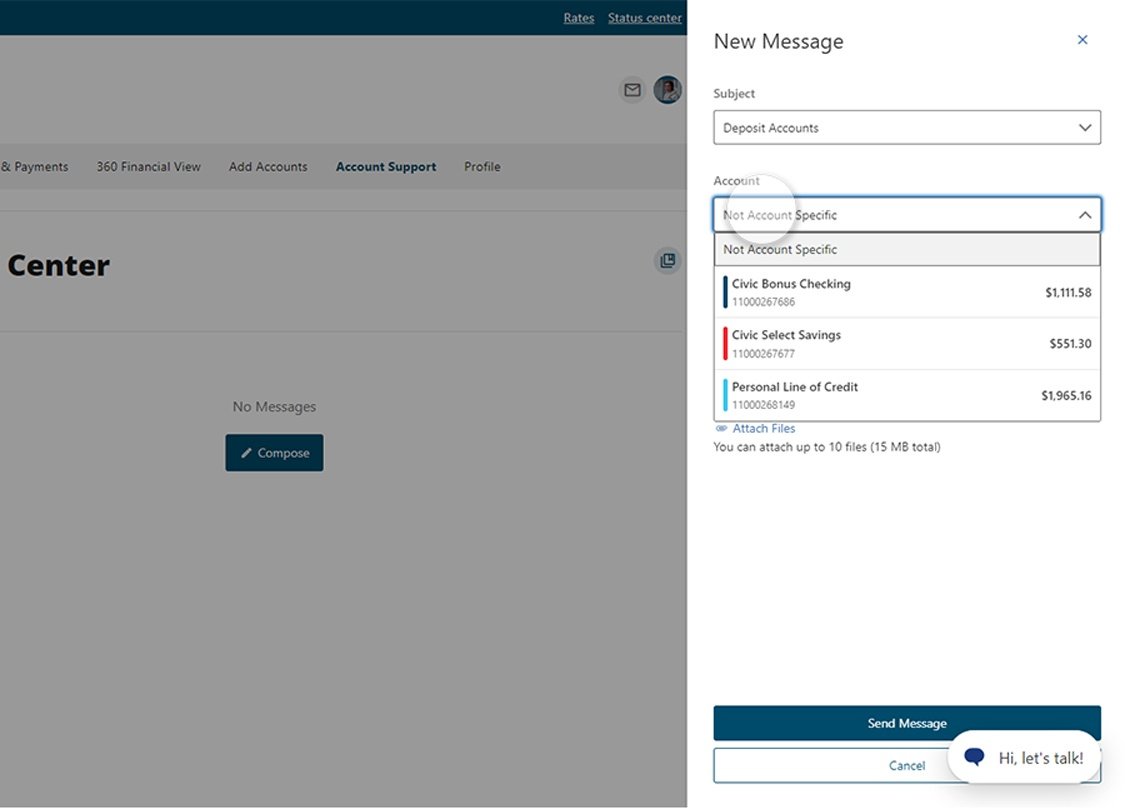 Civic online banking screen that highlights the selection of an account.