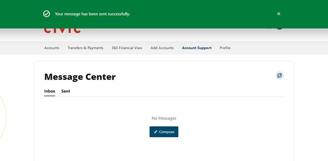 Civic online banking screen that confirms a sent message.